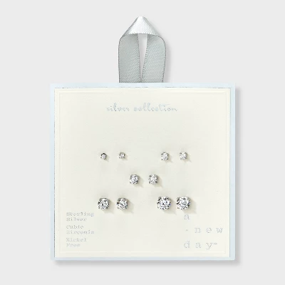 Sterling Silver Cubic Zirconia Stud Earring Set 5pc - A New Day™ Silver 3 Sterling Silver Cubic Zirconia Stud Earring Set 5pc - A New Day™ Silver