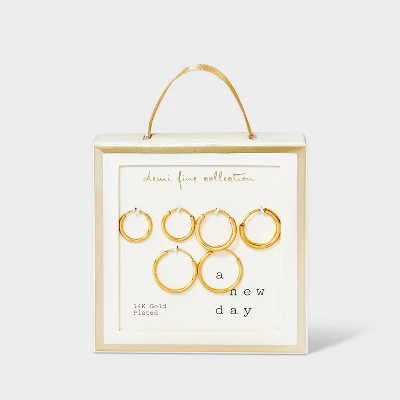 14K Gold Plated Trio Hoop Earring Set - A New Day™ Gold 3 14K Gold Plated Trio Hoop Earring Set - A New Day™ Gold