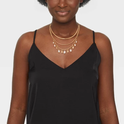 Pearl Charm Multi-Strand Necklace - A New Day™ - Gold/Ivory: Nickel-Free Metal, Lobster Claw Clasp, 16" Length 3 Pearl Charm Multi-Strand Necklace - A New Day™ - Gold/Ivory: Nickel-Free Metal, Lobster Claw Clasp, 16" Length