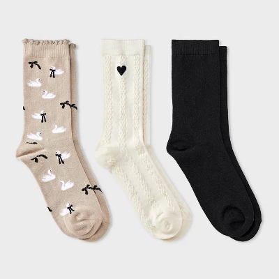 Women's Swans & Bows Scallop Cuff 3pk Crew Socks - A New Day™ Taupe/Black/Ivory 4-10 5 Women's Swans & Bows Scallop Cuff 3pk Crew Socks - A New Day™ Taupe/Black/Ivory 4-10 - Image 3