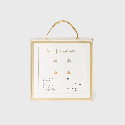 14K Gold Plated Cubic Zirconia Ball Cluster Stud Earring Set 2pc - A New Day™ 4 14K Gold Plated Cubic Zirconia Ball Cluster Stud Earring Set 2pc - A New Day™ - Image 2