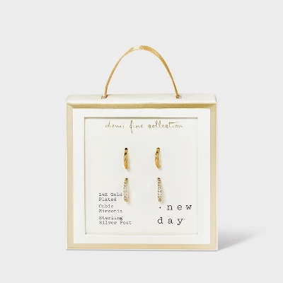 14K Gold Plated Polished Cubic Zirconia Hoop Duo Earring Set - A New Day™ Gold 4 14K Gold Plated Polished Cubic Zirconia Hoop Duo Earring Set - A New Day™ Gold - Image 2