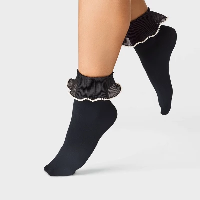 Women's Pearl Trim Ruffle Opaque Anklet Socks - A New Day™ Black/White One Size 4 Women's Pearl Trim Ruffle Opaque Anklet Socks - A New Day™ Black/White One Size - Image 2