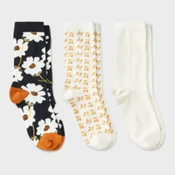Women's Floral 3pk Crew Socks - A New Day™ Black/Ivory/Gold 4-10: Tagless, Smooth Toe Seams -A New Day™ GUEST 2997c408 3605 4222 84d0 9d9223006b21