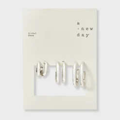 Rhodium Classic Hoop Earring Set 3pc - A New Day™ Silver