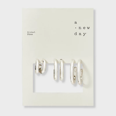 Rhodium Classic Hoop Earring Set 3pc - A New Day™ Silver 3 Rhodium Classic Hoop Earring Set 3pc - A New Day™ Silver