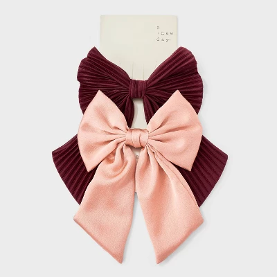Textured Bow Hair Barrette Set 2pc - A New Day™ Pink/Red 3 Textured Bow Hair Barrette Set 2pc - A New Day™ Pink/Red