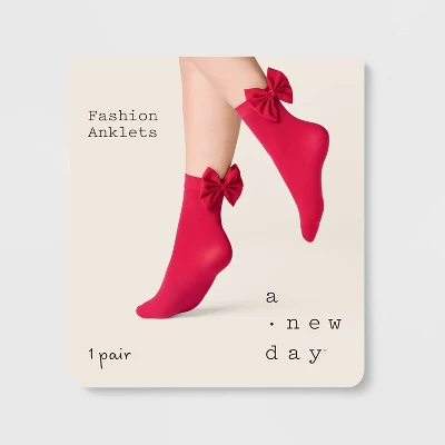 Women's Bow Opaque Anklet Socks - A New Day™ Red One Size 3 Women's Bow Opaque Anklet Socks - A New Day™ Red One Size