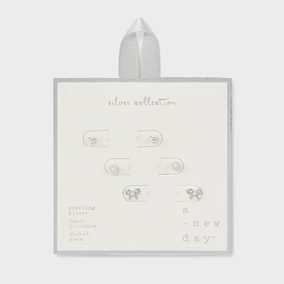 Cubic Zirconia With Glass Pearl Bow Earring Set 3pc - A New Day™ Silver: Polished Stud Earrings, Fashion Accessory 4 Cubic Zirconia With Glass Pearl Bow Earring Set 3pc - A New Day™ Silver: Polished Stud Earrings, Fashion Accessory - Image 2