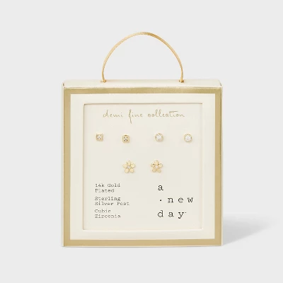 14k Gold Plated Cubic Zirconia Square Round Bezel And Flower Stud Earring Set 3pc - A New Day™ Gold: Brass, Nickel-Free, Post Closure 4 14k Gold Plated Cubic Zirconia Square Round Bezel And Flower Stud Earring Set 3pc - A New Day™ Gold: Brass, Nickel-Free, Post Closure - Image 2