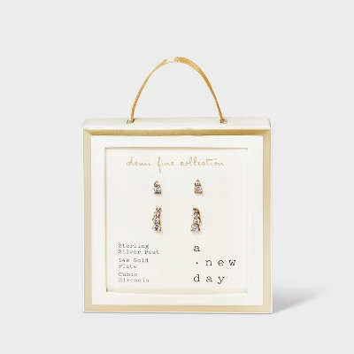 14K Gold Plated Cubic Zirconia Duo Stud Earring Set - A New Day™ Gold 4 14K Gold Plated Cubic Zirconia Duo Stud Earring Set - A New Day™ Gold - Image 2