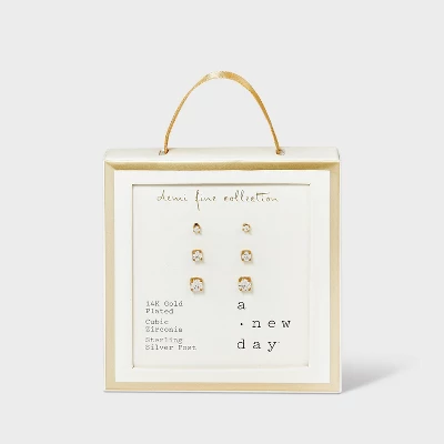 14K Gold Plated Cubic Zirconia Trio Stud Earring Set - A New Day™ Gold 4 14K Gold Plated Cubic Zirconia Trio Stud Earring Set - A New Day™ Gold - Image 2