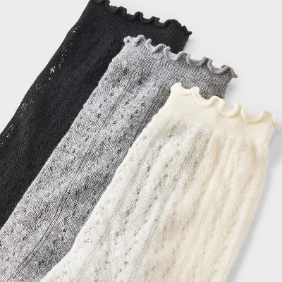 Women's Lettuce Edge Pointelle 3pk Crew Socks - A New Day™ Ivory/Gray/Black 4-10 4 Women's Lettuce Edge Pointelle 3pk Crew Socks - A New Day™ Ivory/Gray/Black 4-10 - Image 2