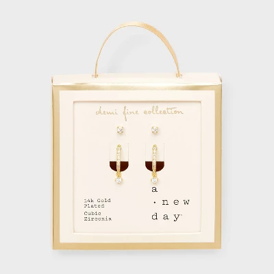 14k Gold Plated Cubic Zirconia Studs Hoop Earring Set 2pc - A New Day™ Gold: Nickel-Free, 14K Gold Over Brass 4 14k Gold Plated Cubic Zirconia Studs Hoop Earring Set 2pc - A New Day™ Gold: Nickel-Free, 14K Gold Over Brass - Image 2