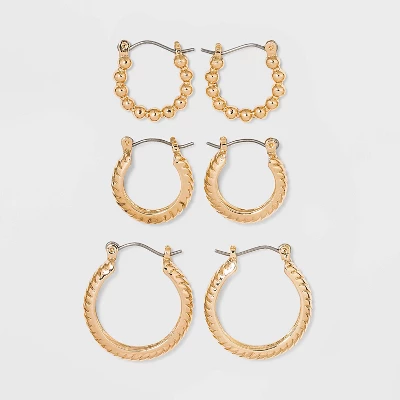 Multi Textured Hoop Trio Earring Set 3pc - A New Day™ Gold: Nickel-Free Metal, Hinge Closure, Lightweight Design 14 Multi Textured Hoop Trio Earring Set 3pc - A New Day™ Gold: Nickel-Free Metal, Hinge Closure, Lightweight Design - Image 12