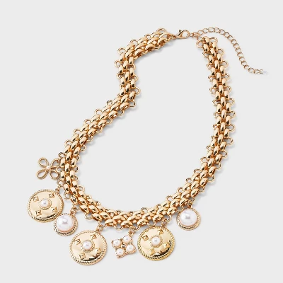 Pearl Charm And Coin Multilink Chain Necklace - A New Day™ Gold 4 Pearl Charm And Coin Multilink Chain Necklace - A New Day™ Gold - Image 2