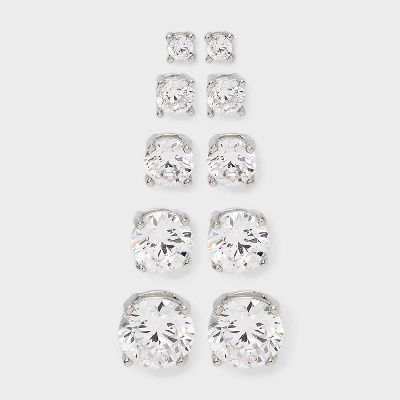 Sterling Silver Cubic Zirconia Stud Earring Set 5pc - A New Day™ Silver 5 Sterling Silver Cubic Zirconia Stud Earring Set 5pc - A New Day™ Silver - Image 3