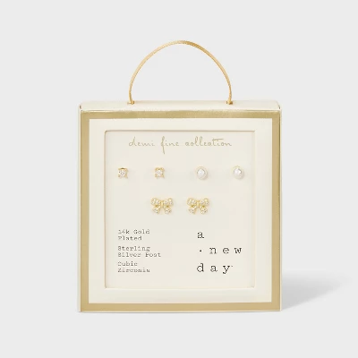 14k Gold Plated Simulated Pearl Round Cubic Zirconia Bow Stud Earring Set 3pc - A New Day™ Gold: Brass, Nickel-Free, Post Closure 4 14k Gold Plated Simulated Pearl Round Cubic Zirconia Bow Stud Earring Set 3pc - A New Day™ Gold: Brass, Nickel-Free, Post Closure - Image 2