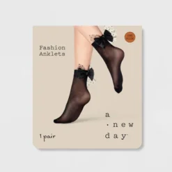 Women's Sheer Anklet Socks With Mesh Polka Dot Bow - A New Day™ Black 4-10: Fashion Knit Lightweight