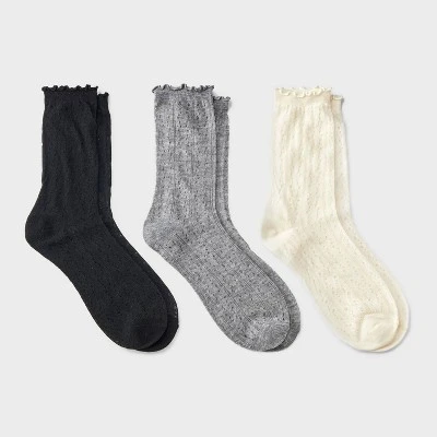 Women's Lettuce Edge Pointelle 3pk Crew Socks - A New Day™ Ivory/Gray/Black 4-10 5 Women's Lettuce Edge Pointelle 3pk Crew Socks - A New Day™ Ivory/Gray/Black 4-10 - Image 3