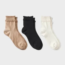 Women's Double Scalloped Edge 3pk Ankle Socks - A New Day™ Ivory/Tan/Black 4-10 -A New Day™ GUEST 86a02b0d b686 448a bb9b 3597bf8e2bba