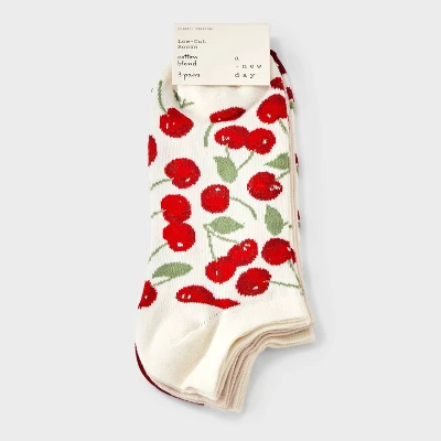 Women's Cherries 3pk Low Cut Socks - A New Day™ Ivory/Red 4-10 3 Women's Cherries 3pk Low Cut Socks - A New Day™ Ivory/Red 4-10