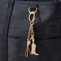 Mixed Semi-Precious Rose Quartz Braided Tassel With Cowboy Boot Cluster Bag Charm - A New Day™ Gold