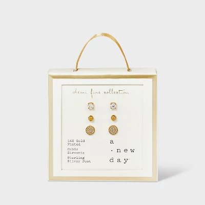 14K Gold Plated Cubic Zirconia Ball Pave Trio Stud Earring Set - A New Day™ Gold 4 14K Gold Plated Cubic Zirconia Ball Pave Trio Stud Earring Set - A New Day™ Gold - Image 2