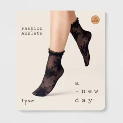 Women's Floral With Rhinestones And Lace Trim Sheer Anklet Socks - A New Day™ Black One Size