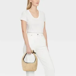 Straw Mini Bow Bag Clutch - A New Day™ Beige: Woven Paper Handbag, Single Handle, Unstructured Design