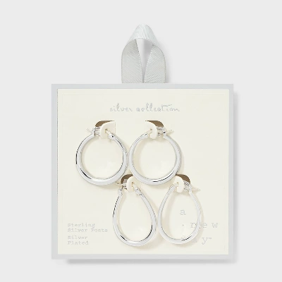 Silver Plated Circle And Oval Hoop Earring Set 2pc - A New Day™: Brass, Nickel-Free, Hinge Closure, Gift Box Included 3 Silver Plated Circle And Oval Hoop Earring Set 2pc - A New Day™: Brass, Nickel-Free, Hinge Closure, Gift Box Included