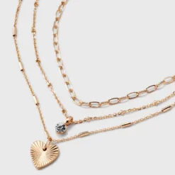 Valentine's Day Gold 3 Row With Textured Heart Necklace - A New Day™ Gold: Nickel-Free Multi-Strand Jewelry -A New Day™ GUEST cd19dd1d 1348 4d91 94f5 8b48395b1de7