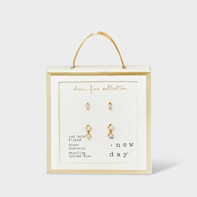 14K Gold Plated Cubic Zirconia Marquise And Dangle Duo Stud Earring Set - A New Day™ Gold 4 14K Gold Plated Cubic Zirconia Marquise And Dangle Duo Stud Earring Set - A New Day™ Gold - Image 2