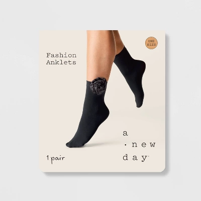 Women's Rose Applique Opaque Anklet Socks - A New Day™ Black 4-10: Nylon Spandex Knit, Banded Cuff, Floral Pattern 3 Women's Rose Applique Opaque Anklet Socks - A New Day™ Black 4-10: Nylon Spandex Knit, Banded Cuff, Floral Pattern