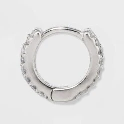 Prong Set Pave Cubic Zirconia Huggie Hoop Earrings - A New Day™ Silver