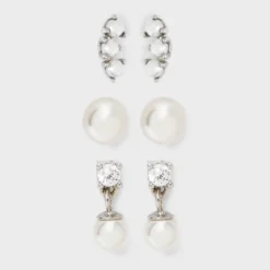Sterling Silver Pearl Dangle Stud Earring Set 3pc - A New Day™ Silver -A New Day™ GUEST eba53914 3d17 47f5 a3cc d1d8f320d371