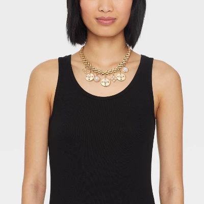 Pearl Charm And Coin Multilink Chain Necklace - A New Day™ Gold 3 Pearl Charm And Coin Multilink Chain Necklace - A New Day™ Gold